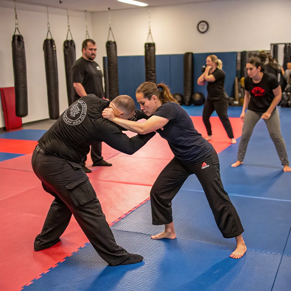 Individuals practicing self-defense techniques in a class setting